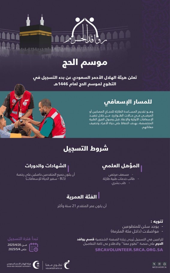 الهلال الأحمر السعودي يعلن عن بدء التسجيل في التطوع لموسم حج 1446هـ