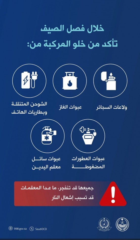 تحذير من ترك مواد قابلة للاشتعال داخل المركبات بالصيف