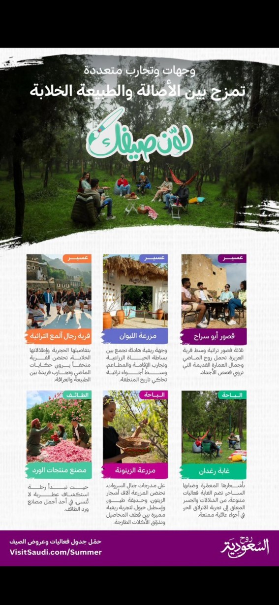 “لون صيفك”.. حملة سياحية تستعرض تنوع المملكة وتجاربها الأصيلة “لون صيفك”.. حملة سياحية تستعرض تنوع المملكة وتجاربها الأصيلة