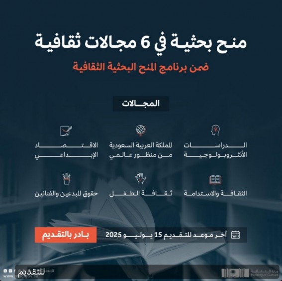 وزارة الثقافة تُطلق برنامج منح بحثية وزارة الثقافة تُطلق برنامج منح بحثية