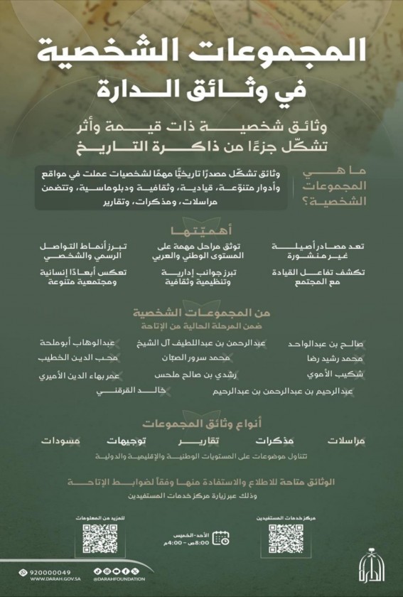 إتاحة 11 مجموعة وثائقية شخصية بدارة الملك عبدالعزيز إتاحة 11 مجموعة وثائقية شخصية بدارة الملك عبدالعزيز