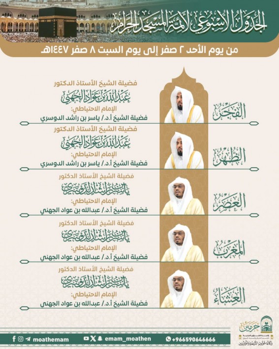 رئاسة الشؤون الدينية توضح جدول الأئمة في الحرمين الشريفين للأسبوع الحالي رئاسة الشؤون الدينية توضح جدول الأئمة في الحرمين الشريفين للأسبوع الحالي