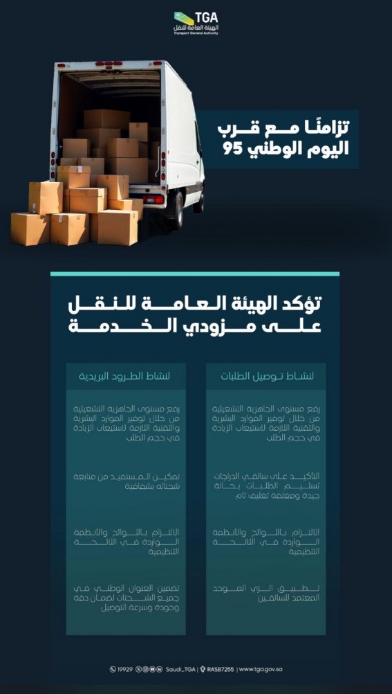 النقل: جاهزية كاملة لرفع جودة التوصيل في اليوم الوطني 95