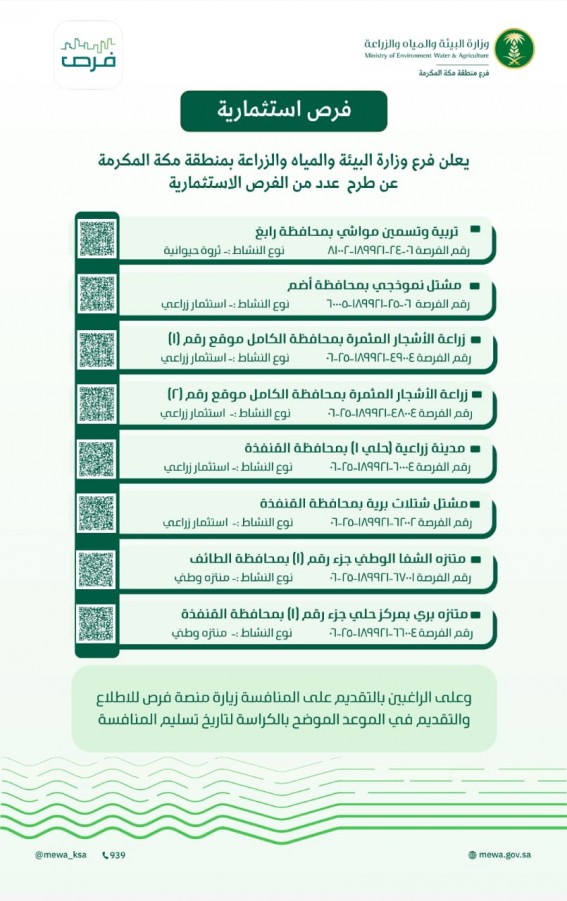 بيئة مكة تطرح ثمان فرص استثمارية نوعية عبر منصة “فرص” لدعم التنمية المستدامة