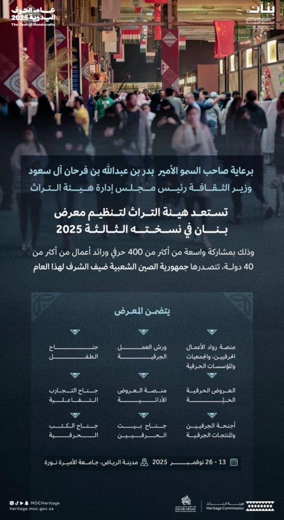 هيئة التراث تنظّم النسخة الثالثة من معرض “بنان” بمشاركة دولية واسعة