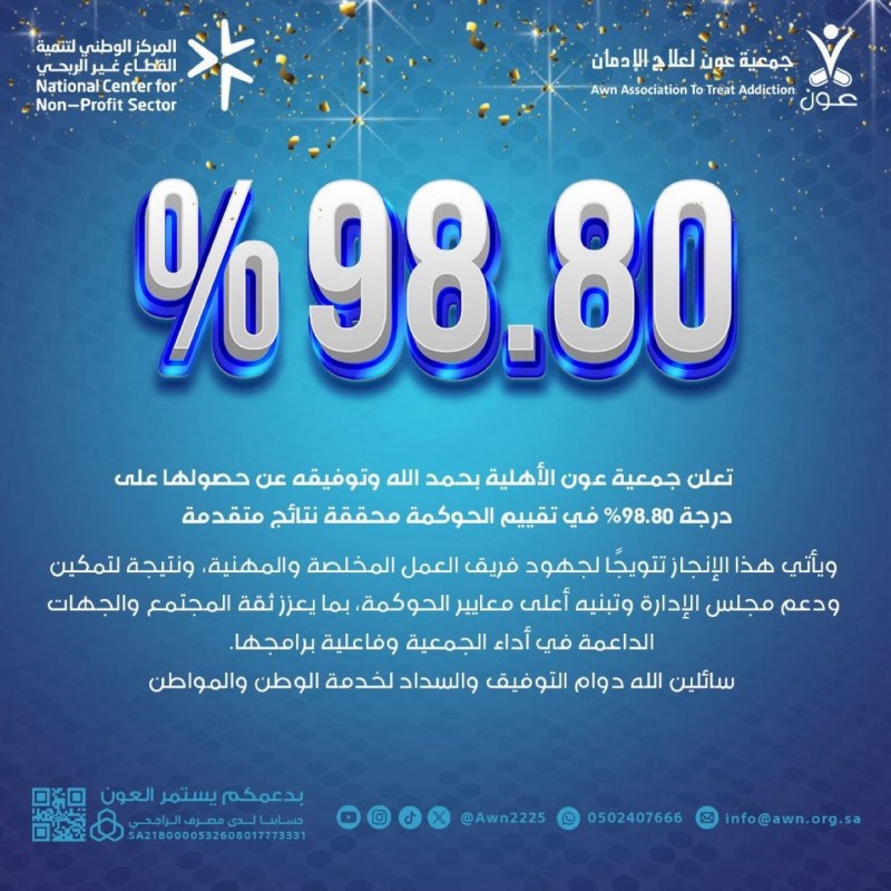 جمعية “عون” الأهلية تحصد 98.80% في تقييم الحوكمة