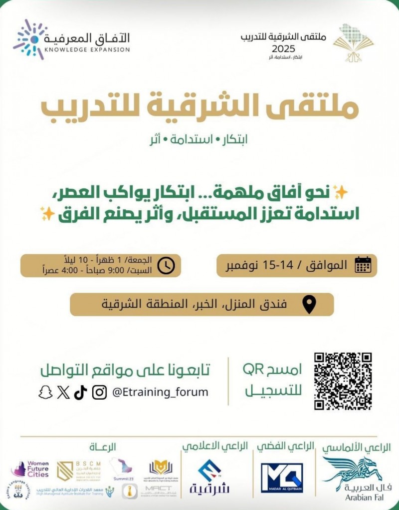 الشرقية تستضيف ملتقى التدريب بمشاركة 35 متحدث خليجياً وعربياً