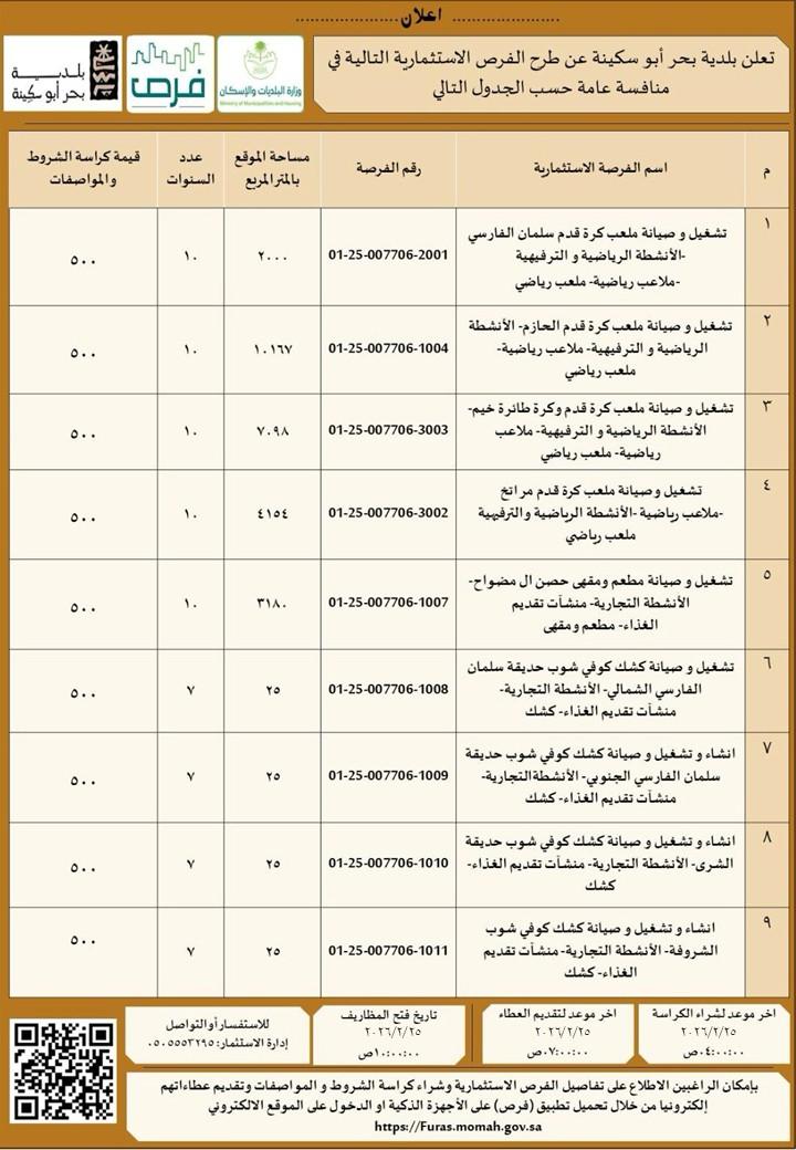 بلدية بحر أبو سكينة تطرح فرصًا استثمارية متنوعة في مواقع مميزة