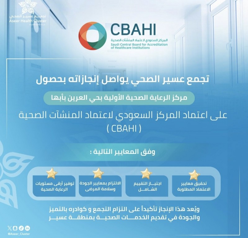 اعتماد مركز الرعاية الصحية الأولية بحي العرين بعد استيفاء معايير جودة الرعاية الصحية اعتماد مركز الرعاية الصحية الأولية بحي العرين بعد استيفاء معايير جودة الرعاية الصحية