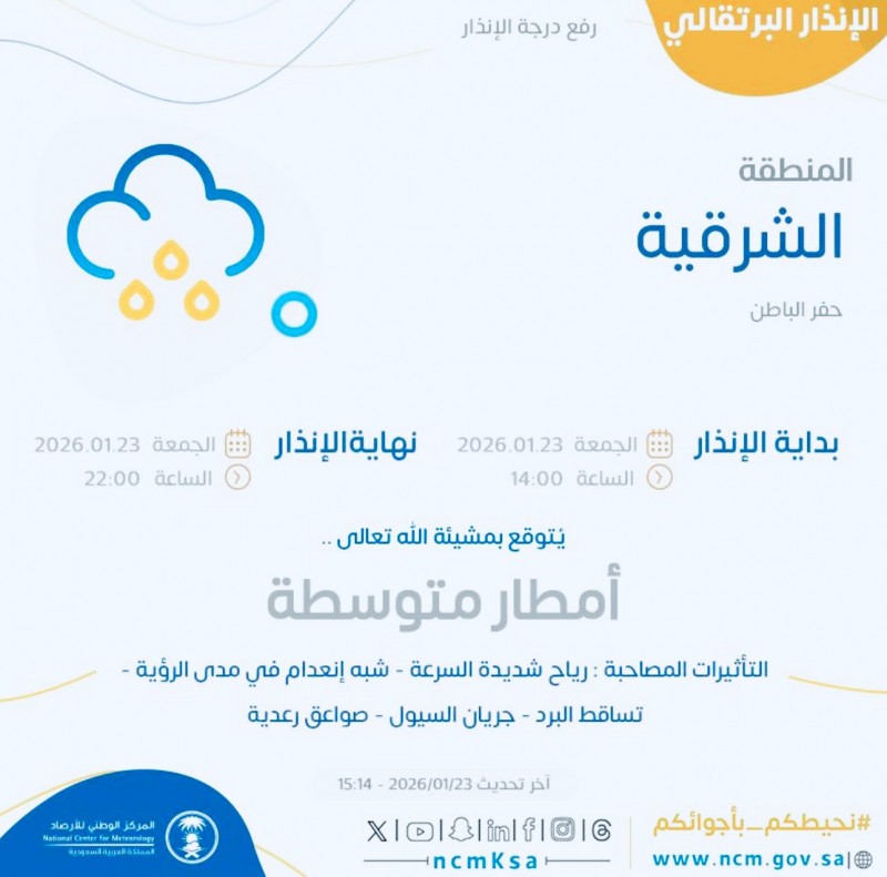 المركز الوطني للأرصاد يرفع درجة الإنذار إلى البرتقالي على المنطقة الشرقية