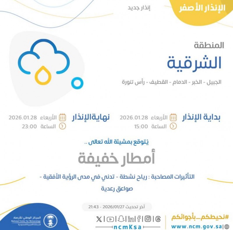 الإنذار المبكر: تنبيه أصفر على المنطقة الشرقية