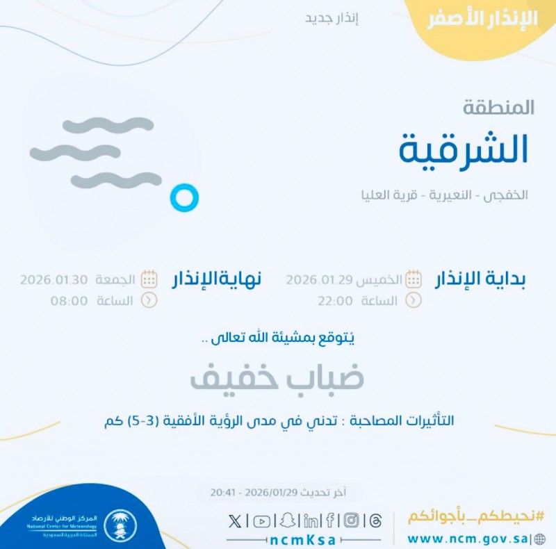 المركز الوطني للأرصاد يصدر إنذارًا أصفر على المنطقة الشرقية