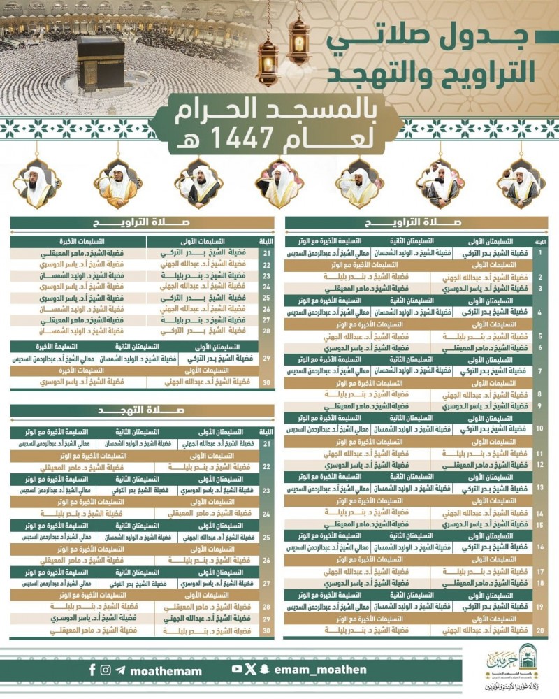 اعتماد جدول صلاتي التراويح والتهجد بالمسجد الحرام لعام 1447هـ اعتماد جدول صلاتي التراويح والتهجد بالمسجد الحرام لعام 1447هـ