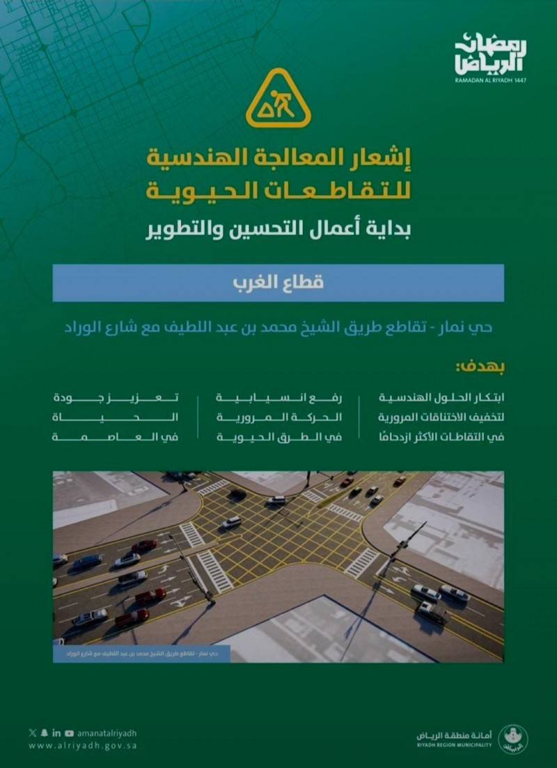 أمانة الرياض تبدأ تطوير تقاطع طريق الشيخ محمد بن عبداللطيف مع شارع الوراد