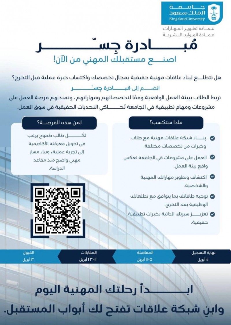 جامعة الملك سعود تطلق مبادرة جسر لتهيئة الطلاب لسوق العمل جامعة الملك سعود تطلق مبادرة جسر لتهيئة الطلاب لسوق العمل