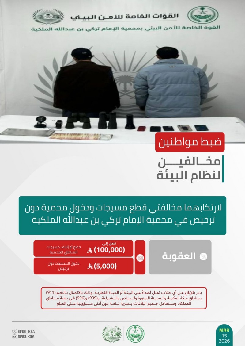 الأمن البيئي يضبط مخالفين لارتكابهما مخالفات في محمية الإمام تركي الأمن البيئي يضبط مخالفين لارتكابهما مخالفات في محمية الإمام تركي