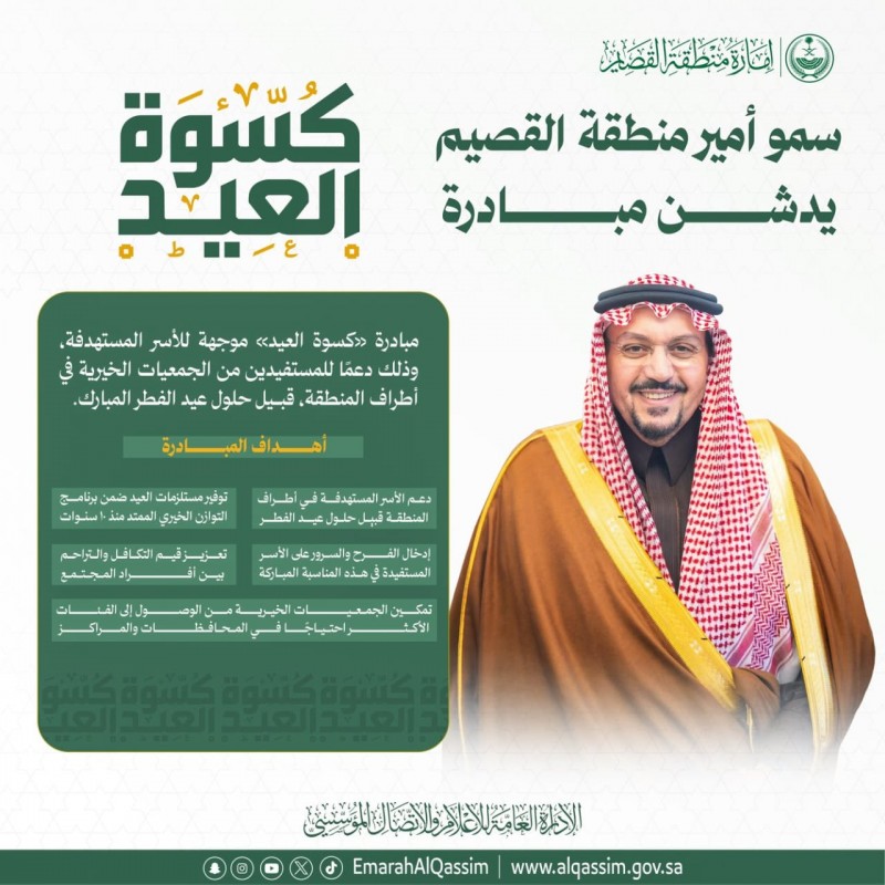 أمير القصيم يدشن مبادرة كسوة العيد لدعم الأسر المستهدفة