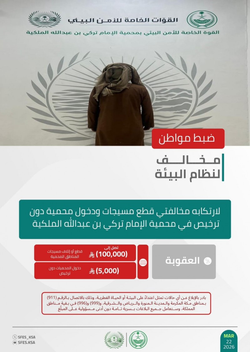 الأمن البيئي يضبط مخالفًا لقطع المسيجات ودخول محمية دون ترخيص