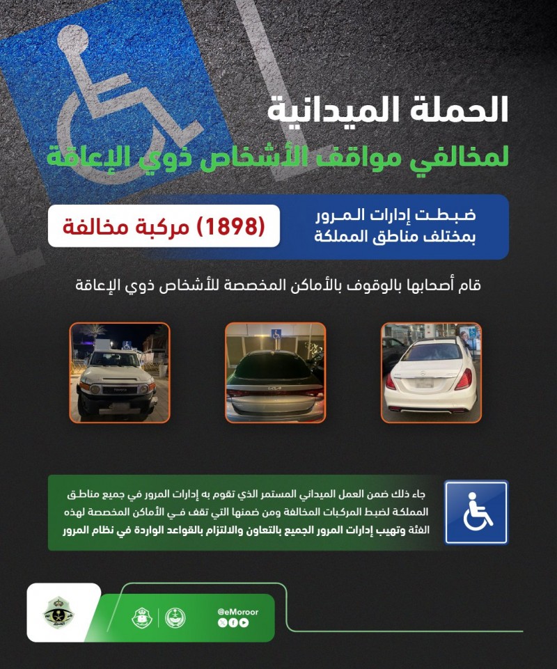 المرور ينفذ حملة لضبط المركبات المخالفة في مواقف ذوي الإعاقة المرور ينفذ حملة لضبط المركبات المخالفة في مواقف ذوي الإعاقة