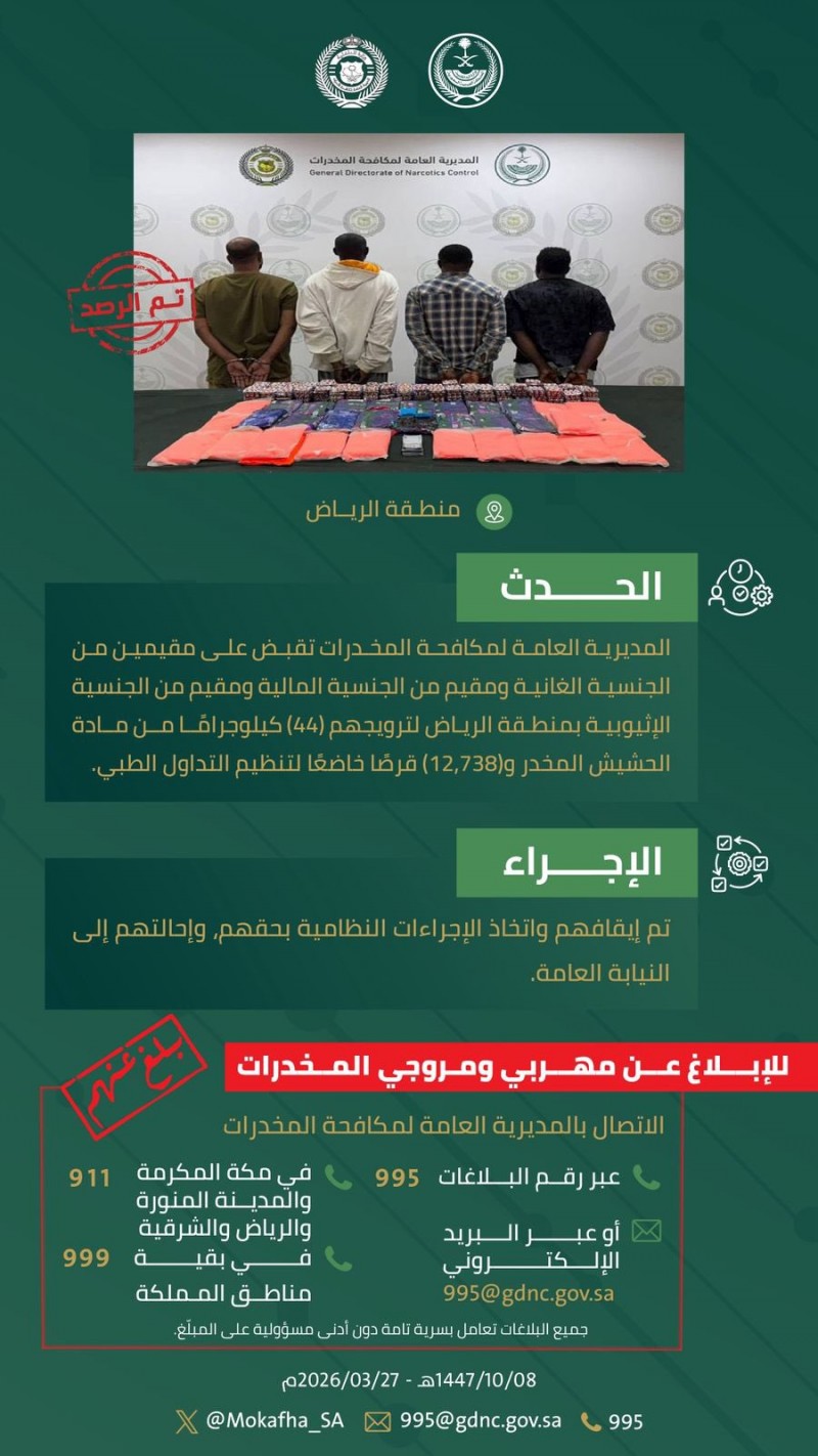 مكافحة المخدرات تقبض على 4 مقيمين في الرياض لترويجهم مواد مخدرة
