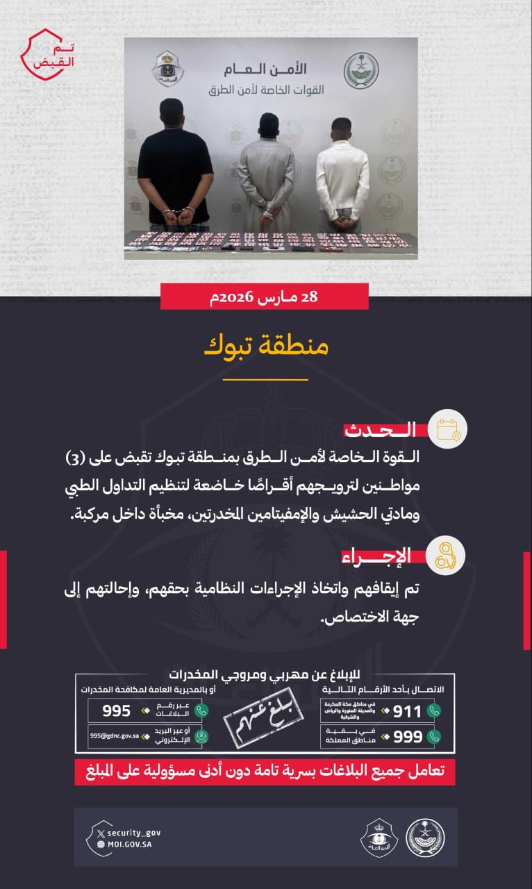 أمن الطرق بتبوك يقبض على 3 مروجين لمواد مخدرة