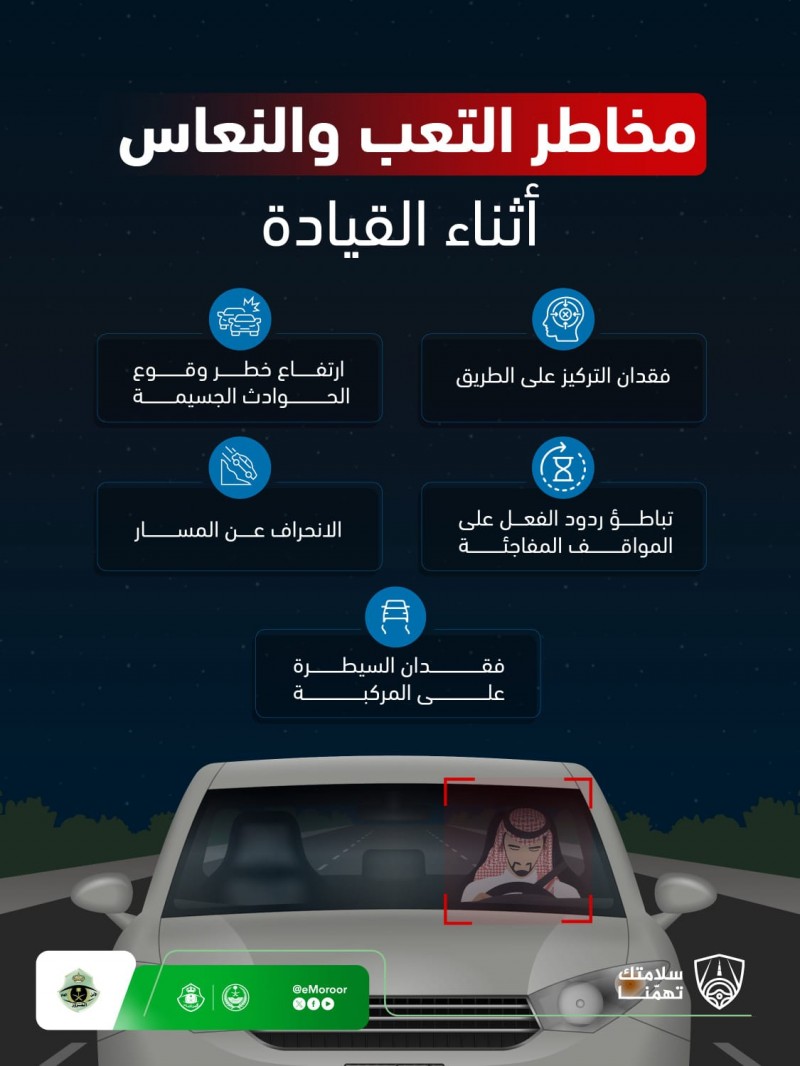 المرور يحذر من مخاطر التعب والنعاس أثناء القيادة المرور يحذر من مخاطر التعب والنعاس أثناء القيادة