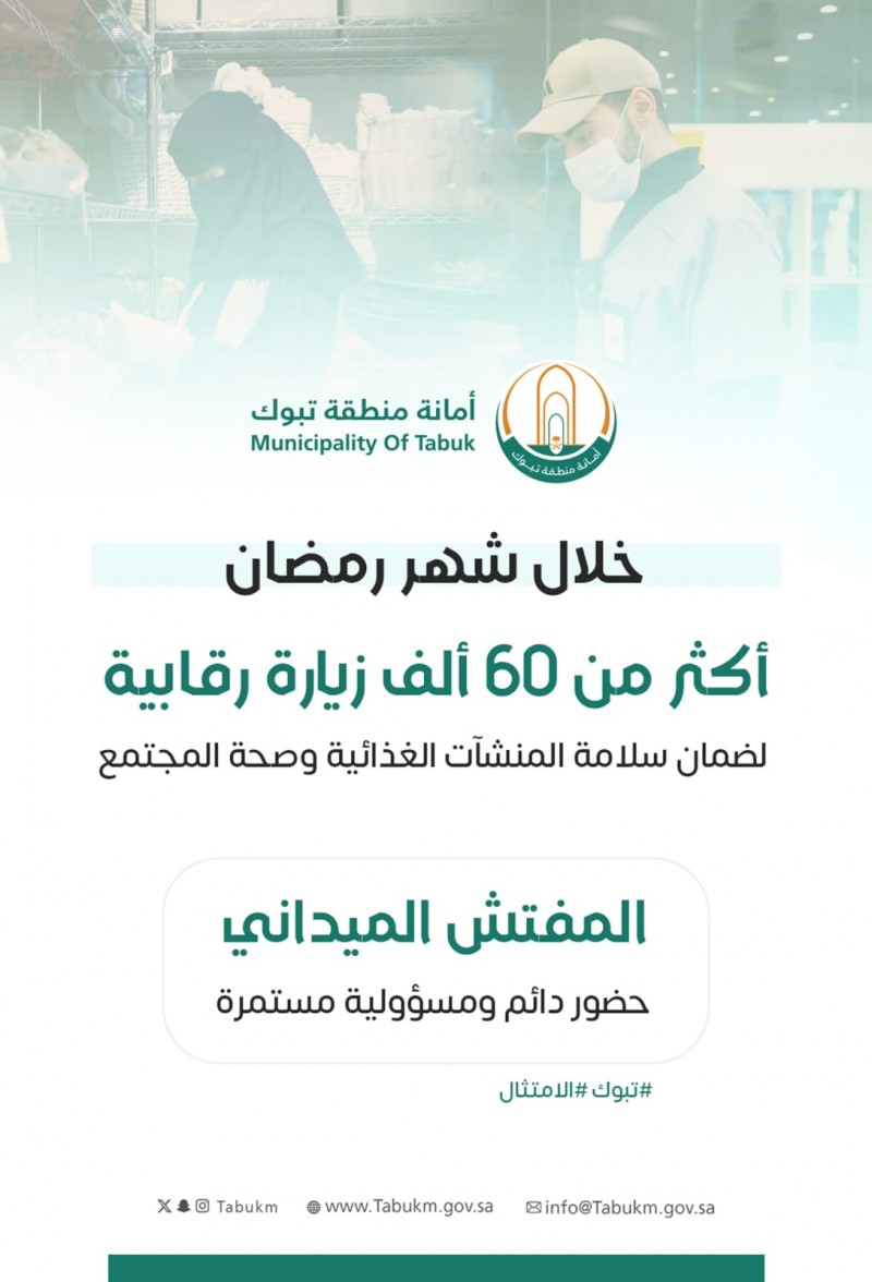 أمانة تبوك تنفذ أكثر من 60 ألف زيارة رقابية خلال رمضان أمانة تبوك تنفذ أكثر من 60 ألف زيارة رقابية خلال رمضان