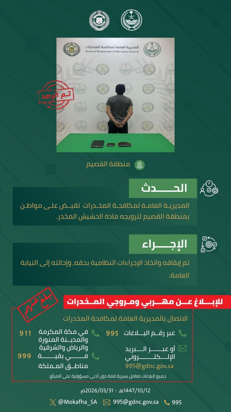 مكافحة المخدرات تقبض على مروج للحشيش في القصيم مكافحة المخدرات تقبض على مروج للحشيش في القصيم