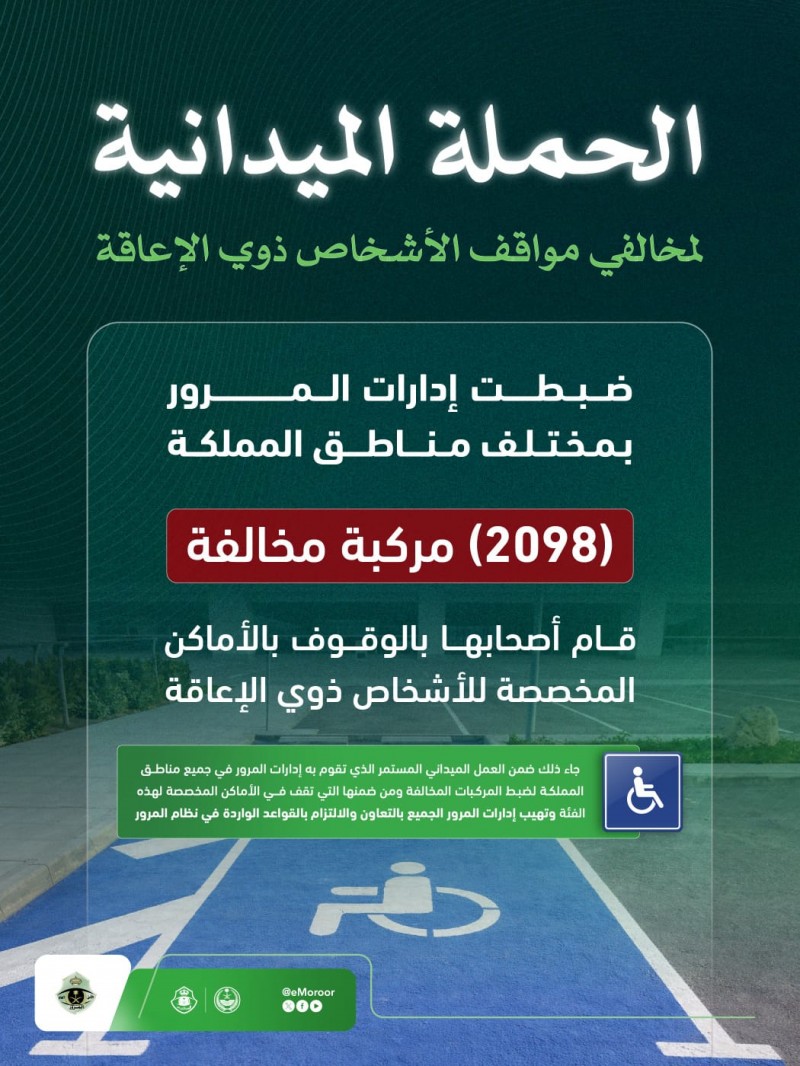 المرور ينفذ حملة لضبط المركبات المتوقفة في مواقف ذوي الإعاقة
