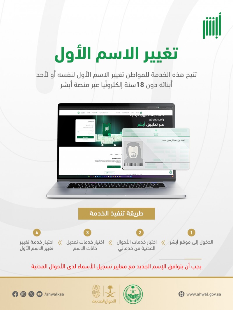 الأحوال المدنية توضح خطوات تعديل الاسم الأول عبر منصة أبشر إلكترونيًا