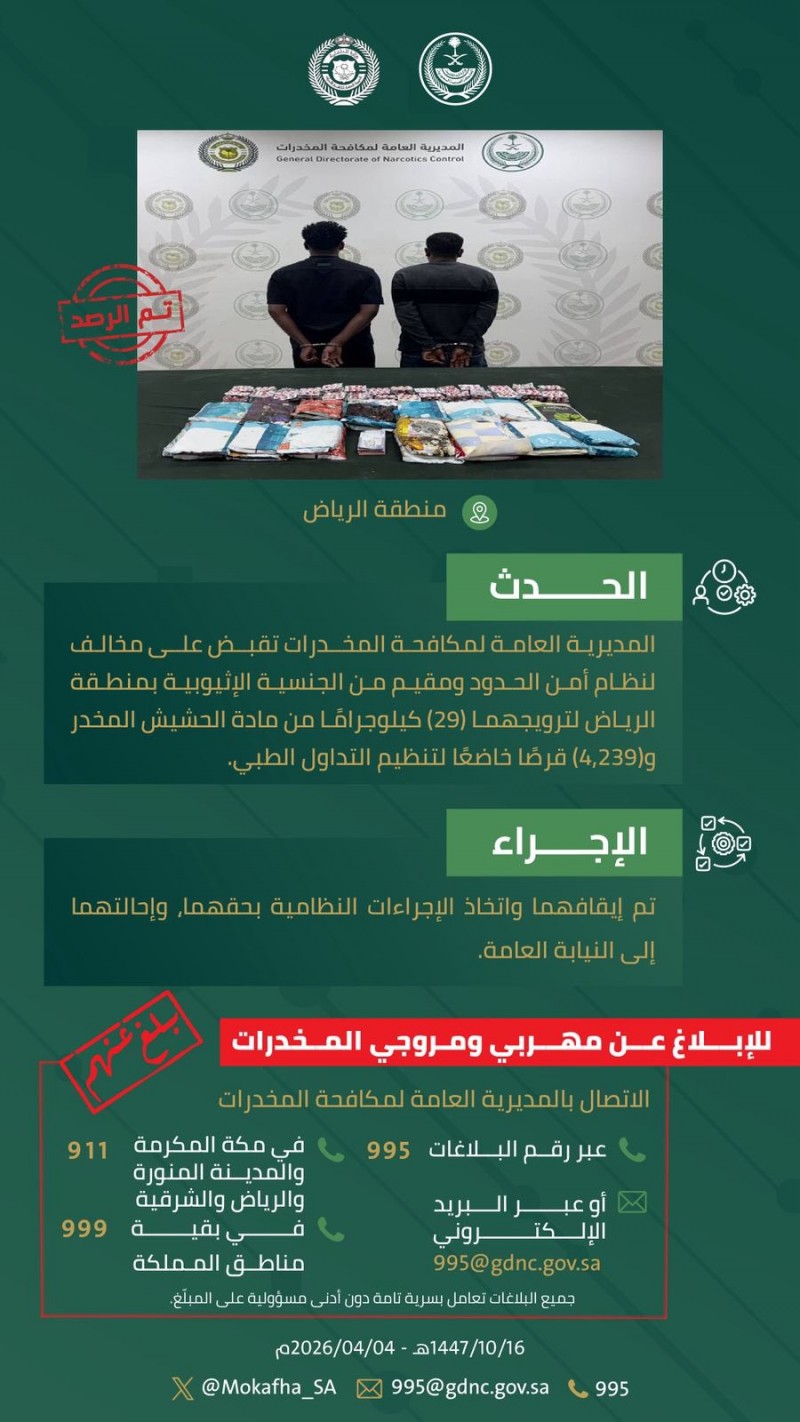 مكافحة المخدرات تقبض على مروجين للحشيش في الرياض مكافحة المخدرات تقبض على مروجين للحشيش في الرياض