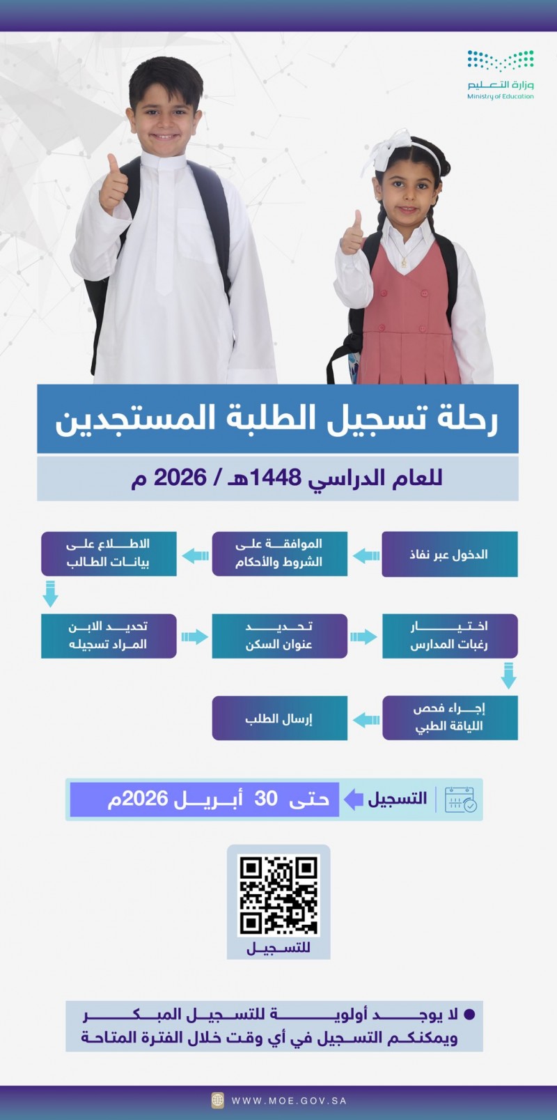 وزارة التعليم توضح رحلة تسجيل الطلبة المستجدين للعام الدراسي 1448هـ
