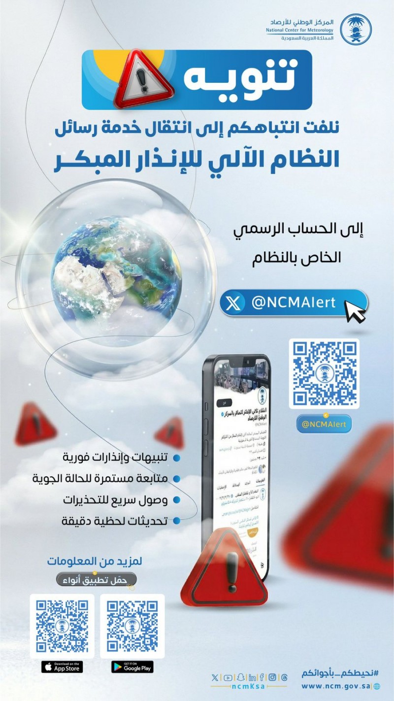 المركز الوطني للأرصاد ينقل خدمة رسائل الإنذار المبكر إلى حساب رسمي جديد
