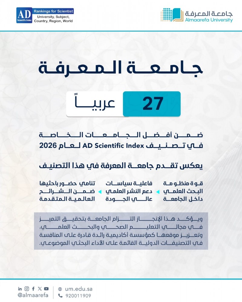 جامعة المعرفة تحصد المرتبة 27 عربيًا في تصنيف AD Scientific Index 2026 جامعة المعرفة تحصد المرتبة 27 عربيًا في تصنيف AD Scientific Index 2026