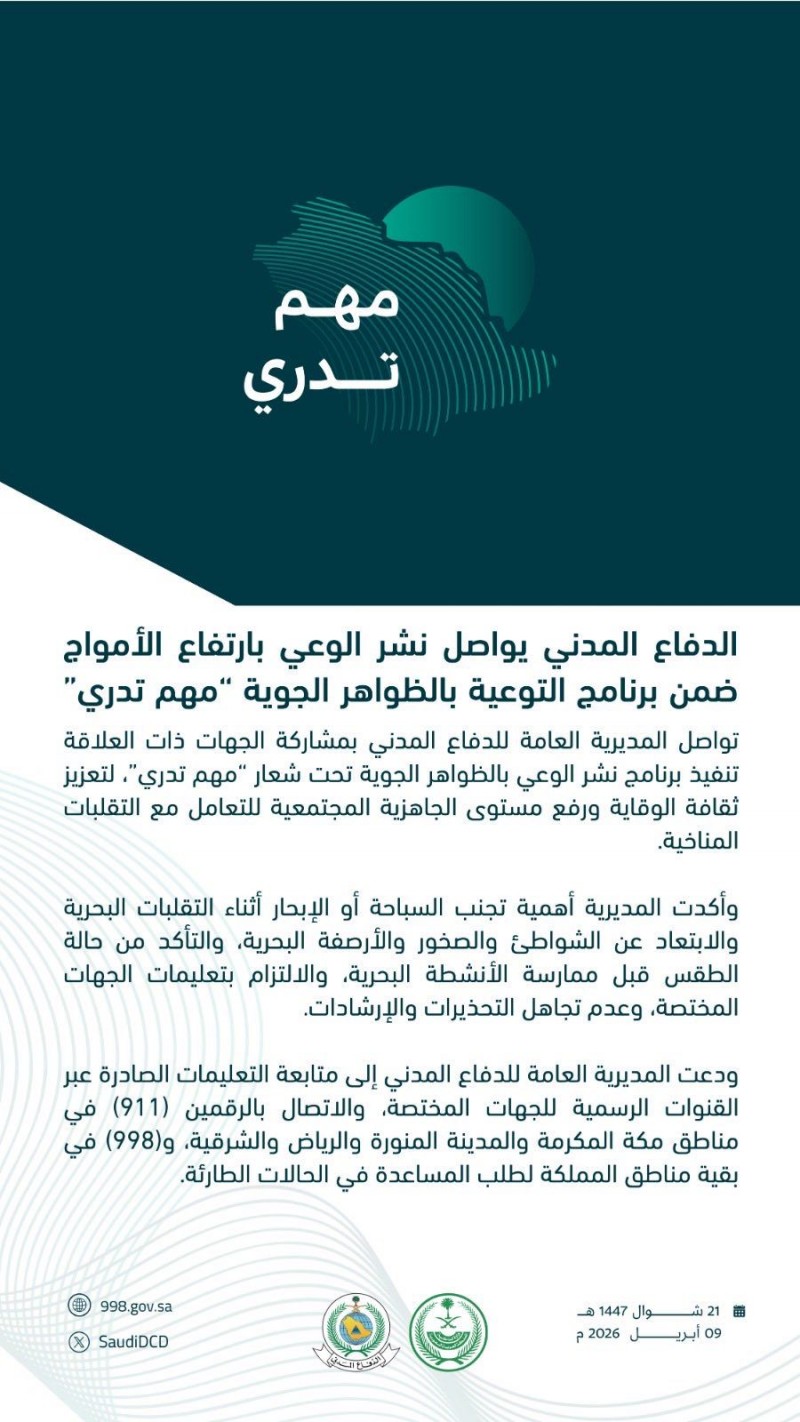 الدفاع المدني يواصل التوعية بارتفاع الأمواج ضمن برنامج مهم تدري