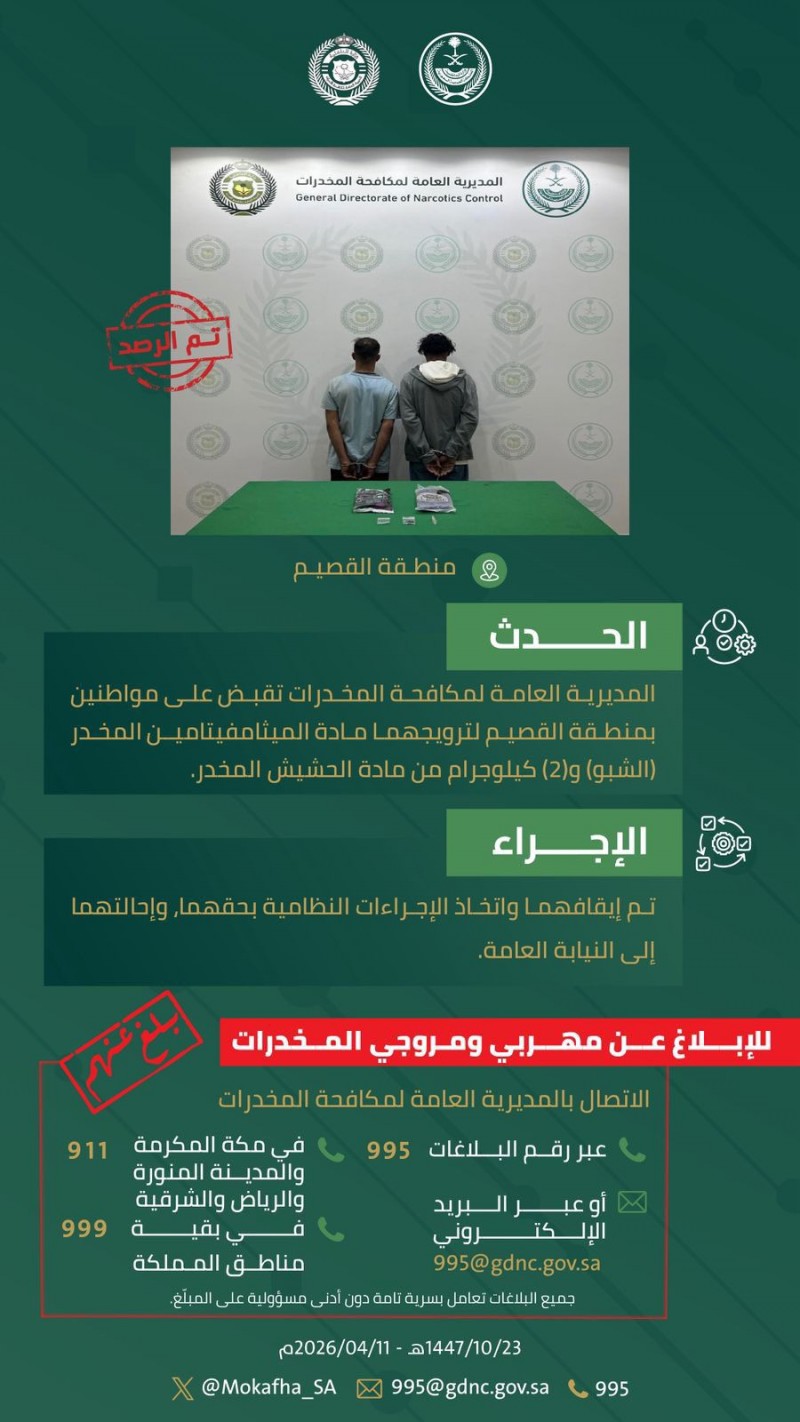 مكافحة المخدرات تقبض على شخصين لترويجهما الحشيش والشبو مكافحة المخدرات تقبض على شخصين لترويجهما الحشيش والشبو