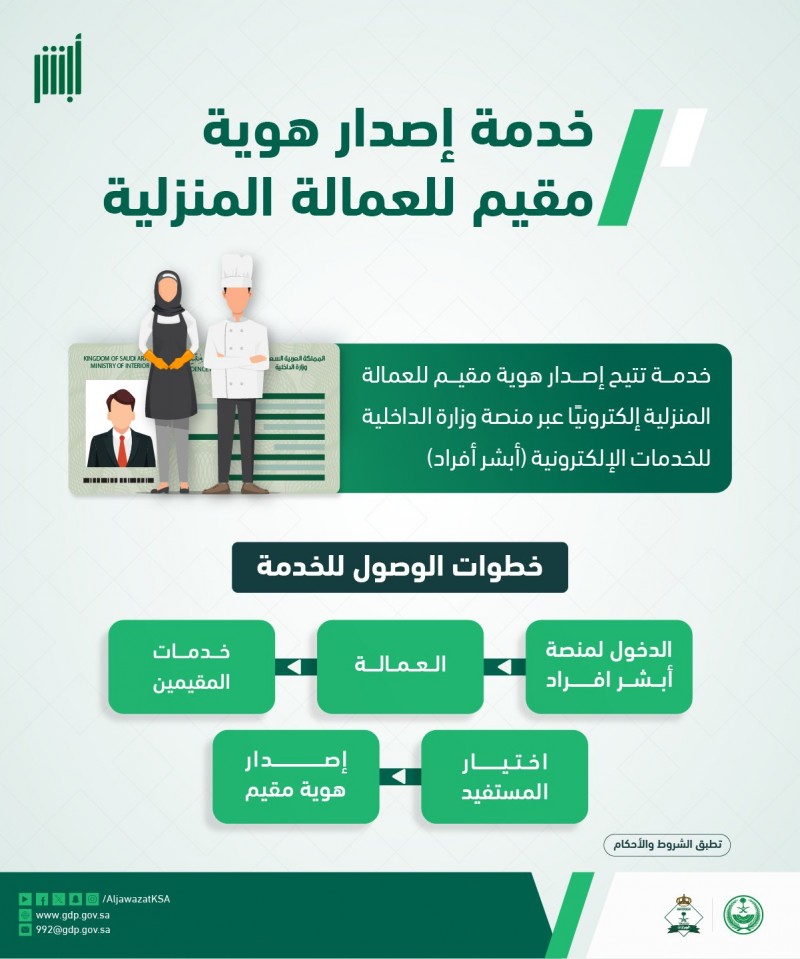 الجوازات تتيح إصدار هوية مقيم للعمالة المنزلية إلكترونيًا عبر أبشر