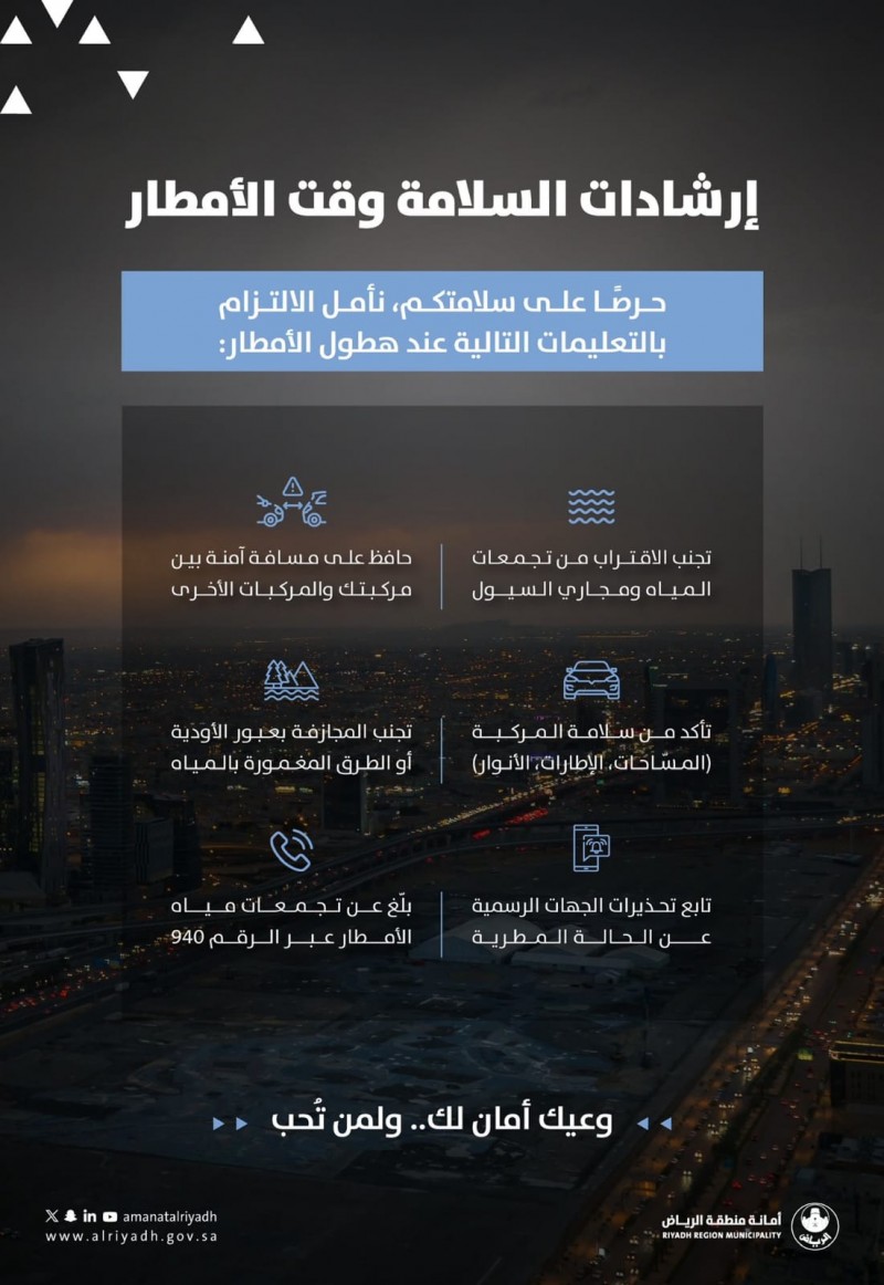 أمانة الرياض تدعو إلى الالتزام بإرشادات السلامة أثناء هطول الأمطار