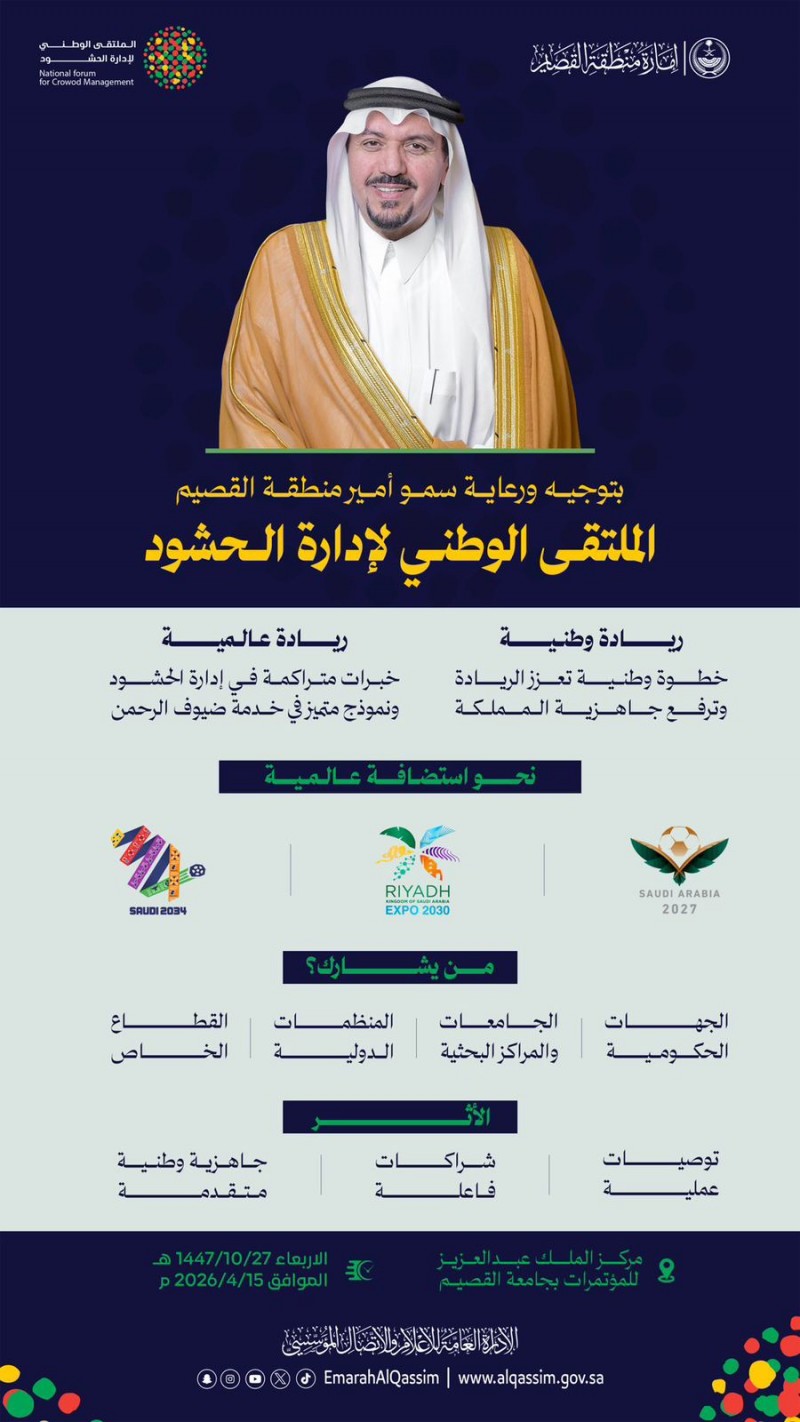 أمير القصيم يرعى الملتقى الوطني لإدارة الحشود لتعزيز الجاهزية الوطنية