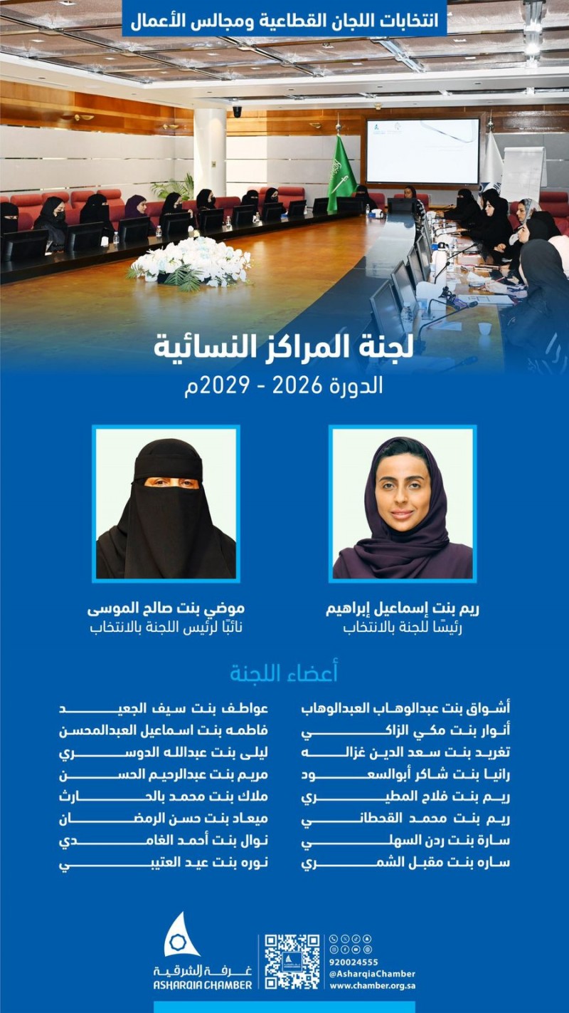 انتخاب ريم بنت إسماعيل إبراهيم رئيسة للجنة المراكز النسائية بغرفة الشرقية للدورة 2026–2029
