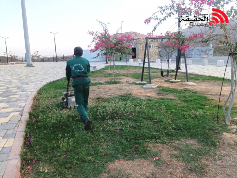 بلدية بحر أبو سكينة تنفذ أعمال تهذيب الأشجار وقص النجيلة