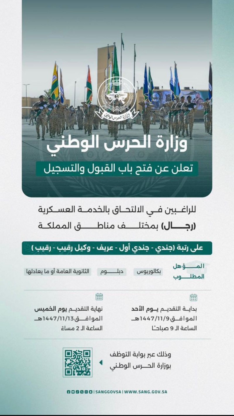 الحرس الوطني يعلن فتح باب القبول والتسجيل للخدمة العسكرية بمختلف مناطق المملكة