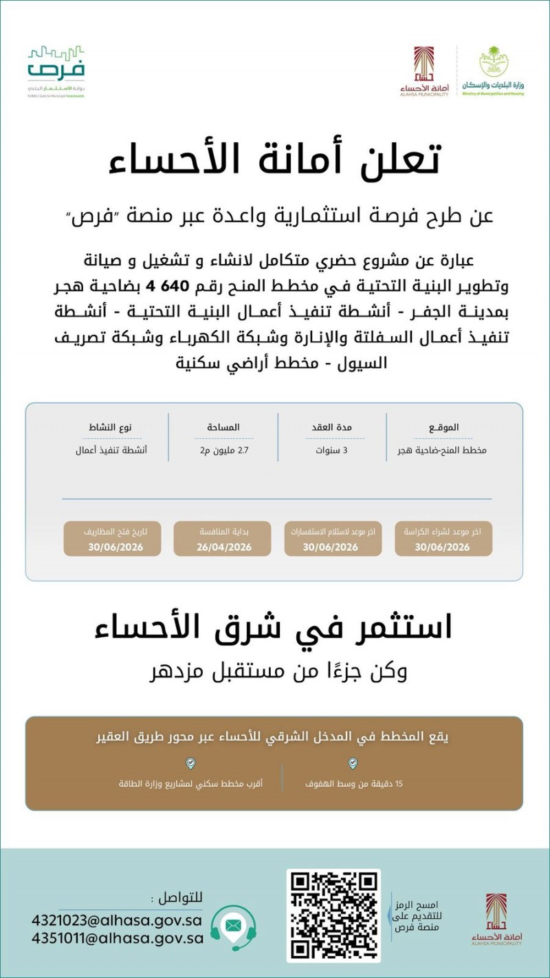 طرح فرصة استثمارية لتطوير مشروع حضري في ضاحية هجر بالأحساء