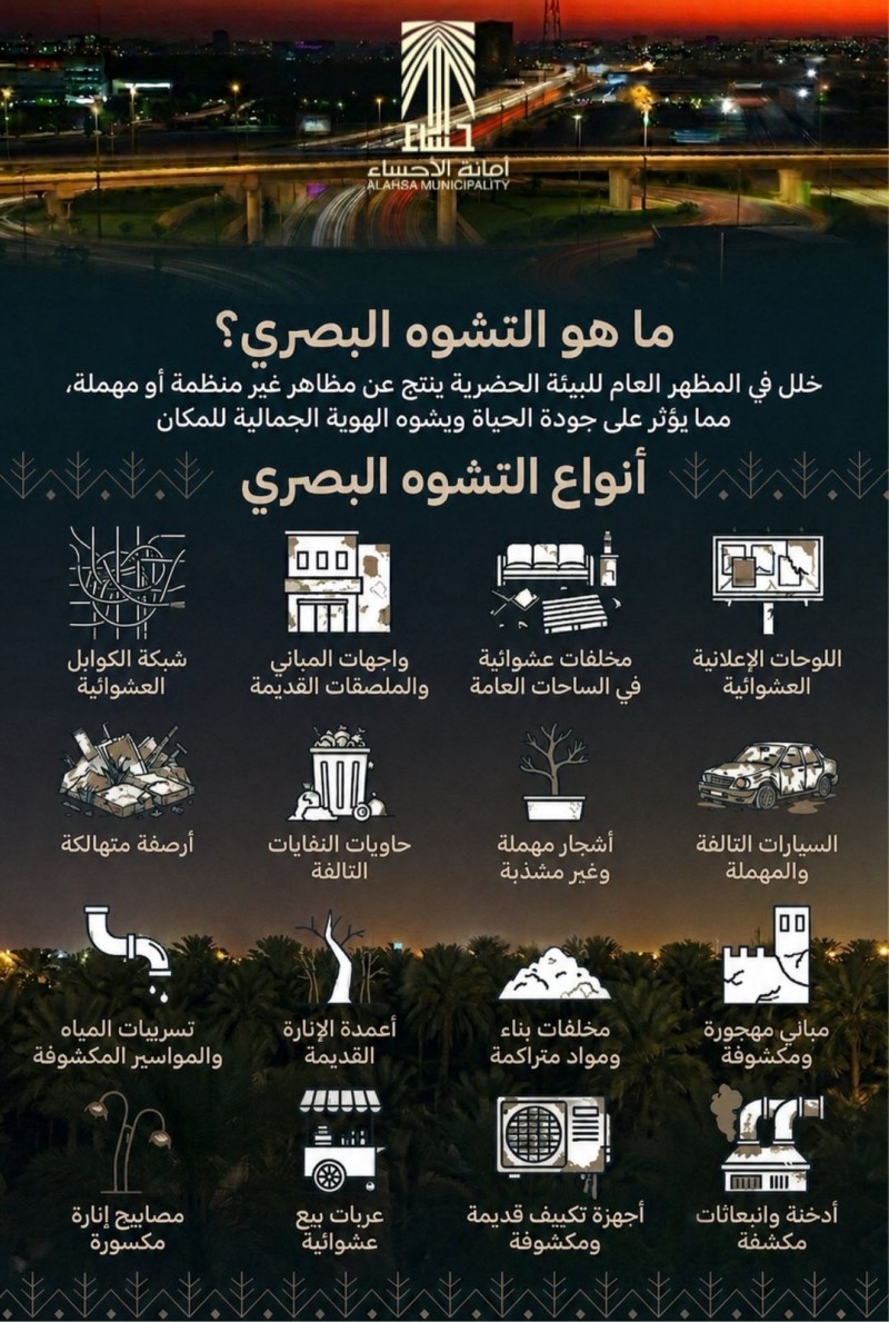 أمانة الأحساء: التشوه البصري يؤثر على جودة الحياة والمشهد الحضري الكلي للمدينة