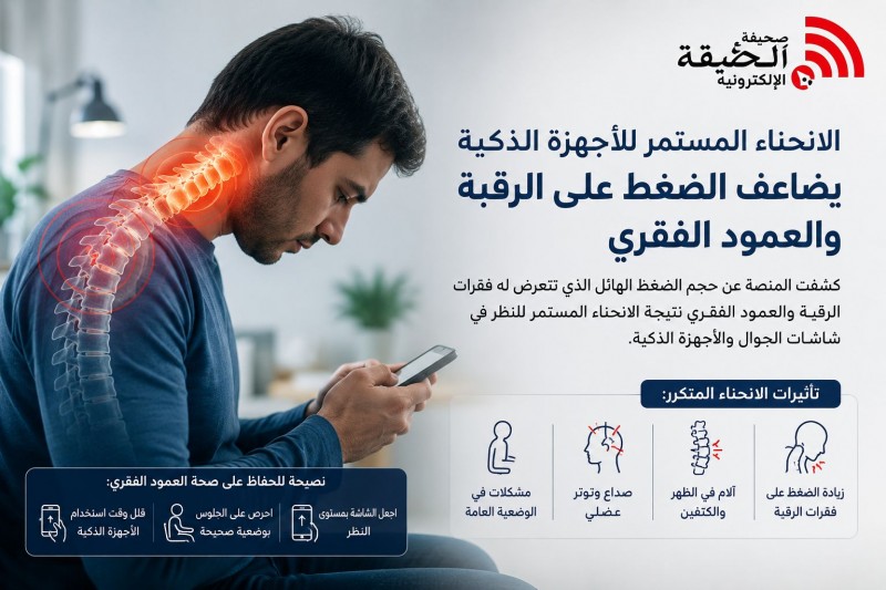 الانحناء المستمر للأجهزة الذكية يضاعف الضغط على الرقبة والعمود الفقري الانحناء المستمر للأجهزة الذكية يضاعف الضغط على الرقبة والعمود الفقري