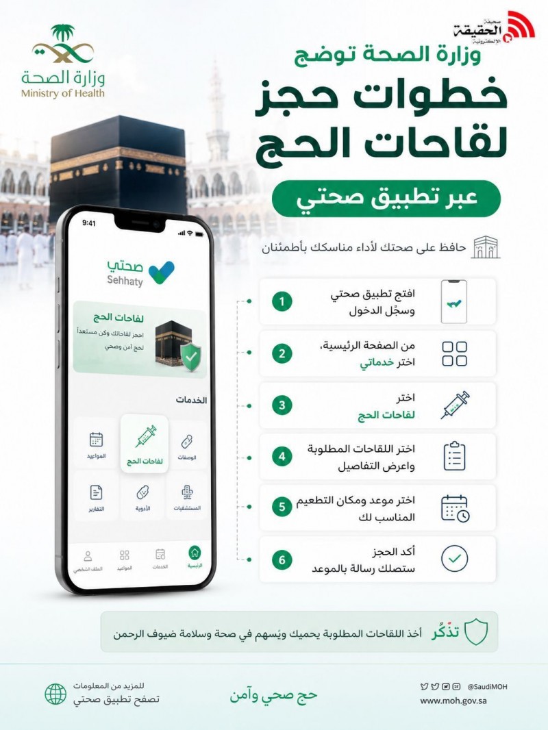 وزارة الصحة توضح خطوات حجز لقاحات الحج عبر تطبيق صحتي