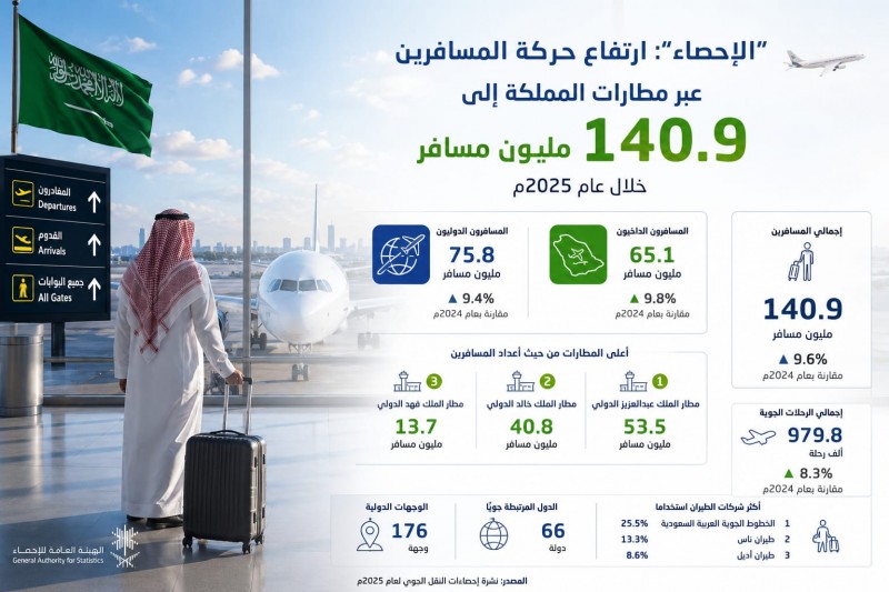 الإحصاء: ارتفاع حركة المسافرين عبر مطارات المملكة إلى 140.9 مليون مسافر