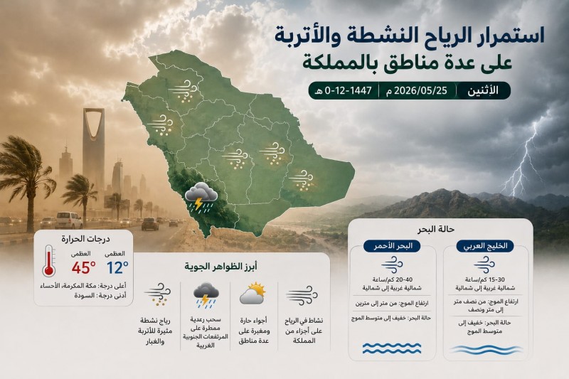 الرياح النشطة والأتربة تسيطر على طقس المملكة