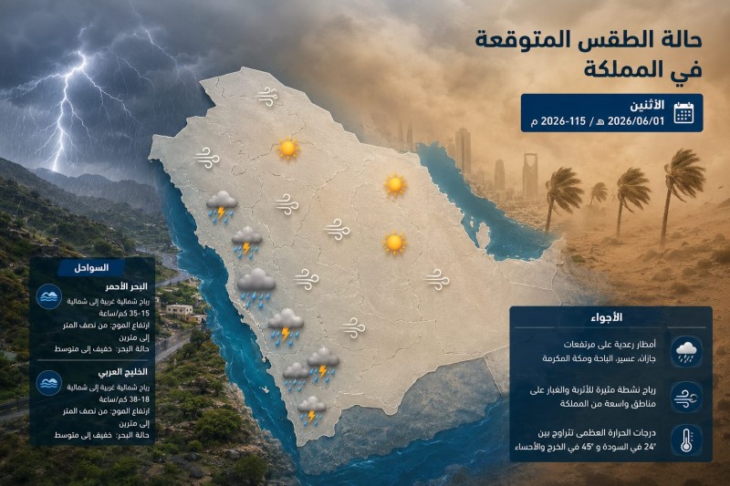 أمطار رعدية على المرتفعات ورياح مثيرة للأتربة تؤثر على عدة مناطق