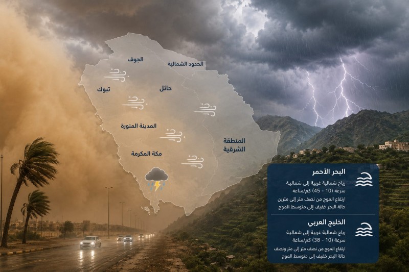 الأرصاد: تتوقع استمرار نشاط الرياح وفرص هطول الأمطار الرعدية